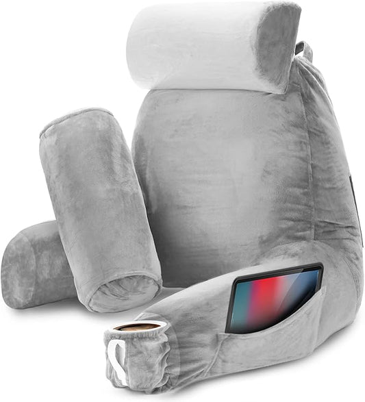 Nestl Reading Pillow Large Bed Pillow, Back Pillow for Sitting in Bed Shredded Memory Foam Chair Pillow, Reading & Bed Rest Pillows Light Grey Back Pillow for Bed, Bed Chair Arm Pillow with Pockets