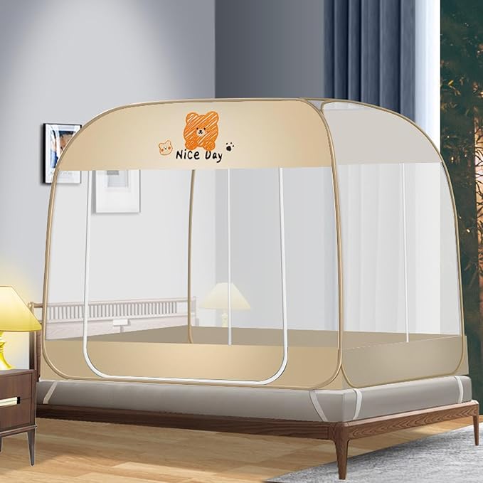 CMINGJ Mosquito Net for Bed, Portable pop up Mosquito Netting with Bottom, Free Installation-Suitable for Bedroom, Camping, Folding Portable Design for Baby Adults (Orange Bear)