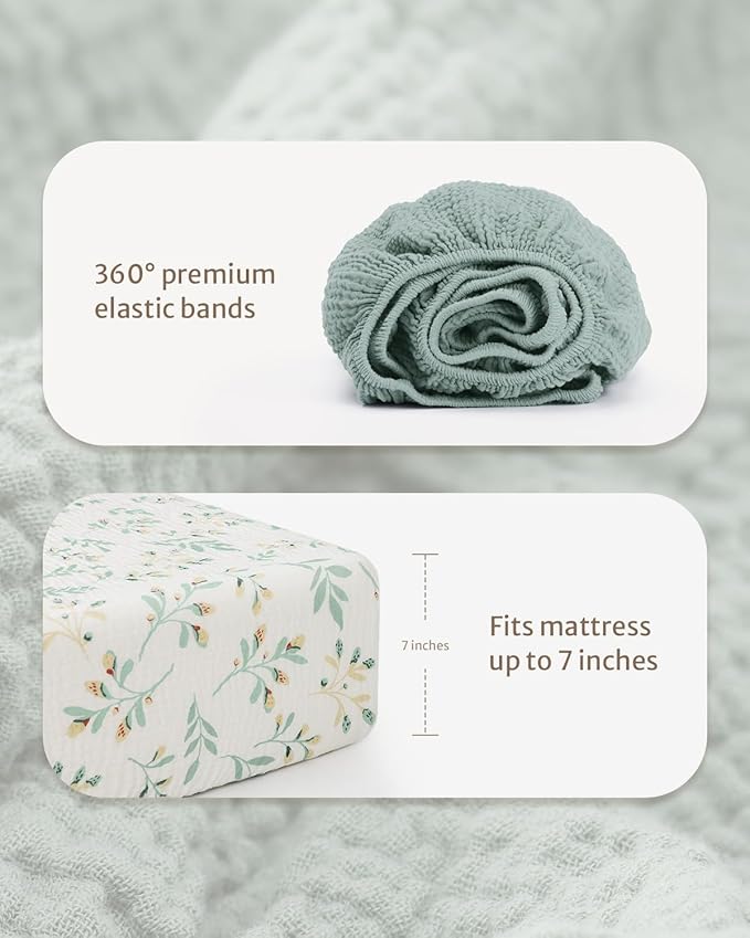 Blissful Diary Muslin Crib Sheets for Girl Boy, Boho Neutral Soft Cotton Baby Sheet for 52''x28'' Standard Crib Mattress, 2 Pack(Roman Green&Leaf)