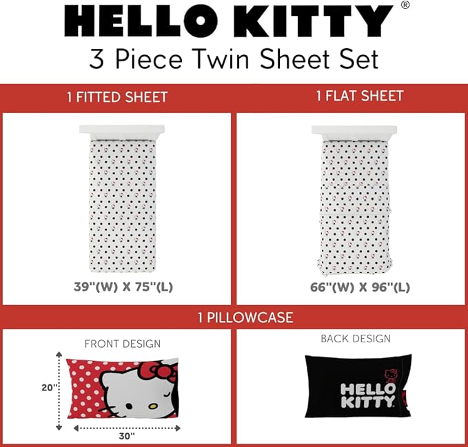 Franco Collectibles Hello Kitty Polka Dot Bedding Super Soft Microfiber 3 Piece Twin Sheet Set, (Officially Licensed Product)