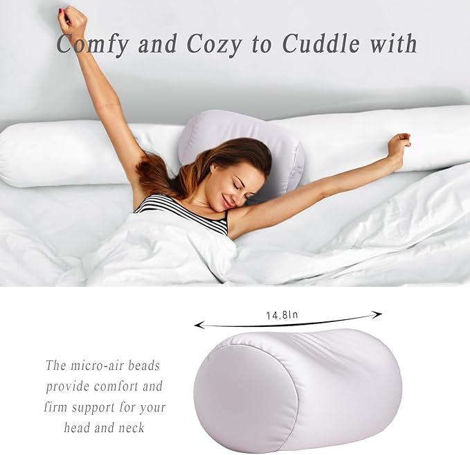 Microbead Body Pillow, Tube Microbead Bolster Bean Smooth Cool Pillow Neck Cervical Roll Pillow for Sleeping 7 x 12Inch Throw Travel Pillow (Sea Shell Color)