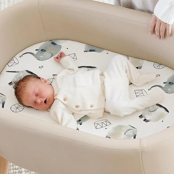 Stretchy Ultra Soft Fitted Bassinet Sheets Set 3 Pack, Universal Fit for Bassinets Baby Cradle Moses Basket Oval Rectangle Mattress Safe and Snug, Stylish Bassinet Sheet of Elephant Print
