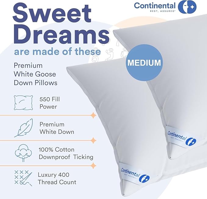 Continental Bedding Medium Queen Set of 2 White Down Pillows 25 Ounce 550FP Hotel Down Pillows for Supporting Back Side and Stomach Sleepers