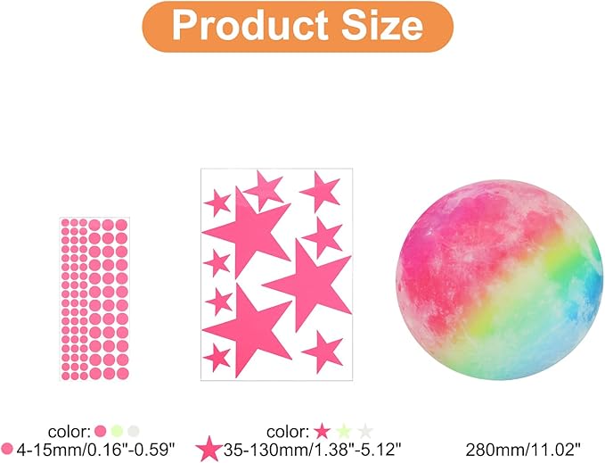 uxcell Glow in The Dark Ceiling Stickers, Colorful Dots and Stars Wall Decals, Glowing Star Decal Decoration for Ceiling and Wall, 280mm Moon