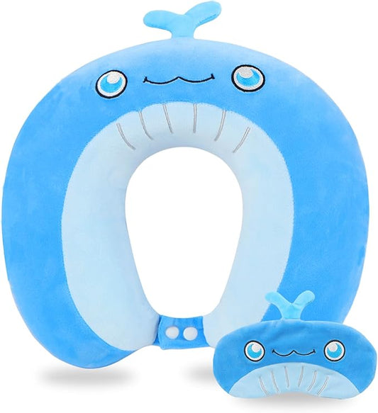 Travel Pillow, Kids Travel Pillow with Sleep Eye Mask Soft Memory Foam Kids Neck Pillow for Boys & Girls, Travel Accessories for Car Airplane Traveling - Whale