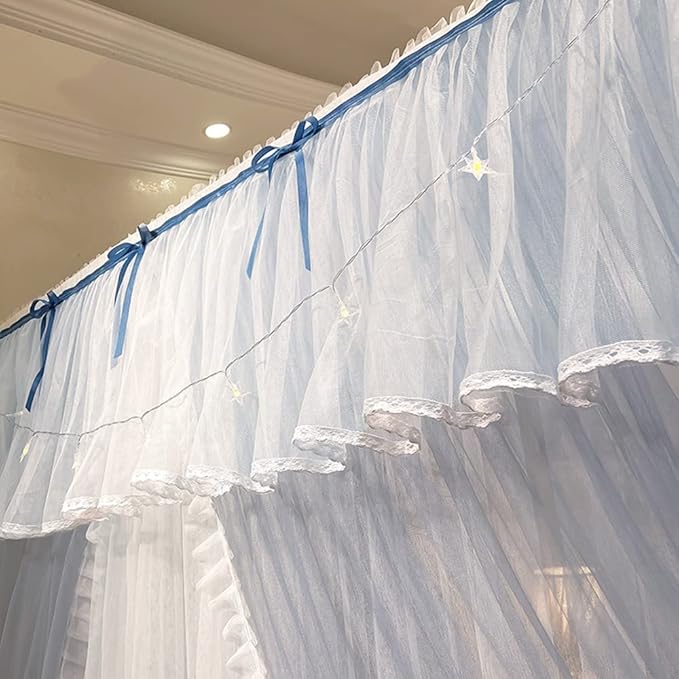 Mengersi Canopy Bed Curtains with Lights,4 Corner Bed Canopy Royal Luxurious Bed Drapes Netting,Princess Bed Curtains for Girls Adults Bedroom Decoration (Gray Blue, Twin)