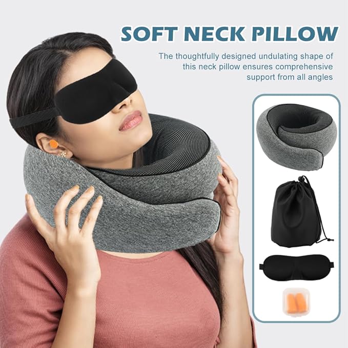 Travel Pillow Neck Pillows Pure Memory Foam Neck Pillow with 3D Eye Masks and Earplugs 360° Adjustable Full Surrounding Neck Pillows for Airplanes, Cars, Offices (Grey)
