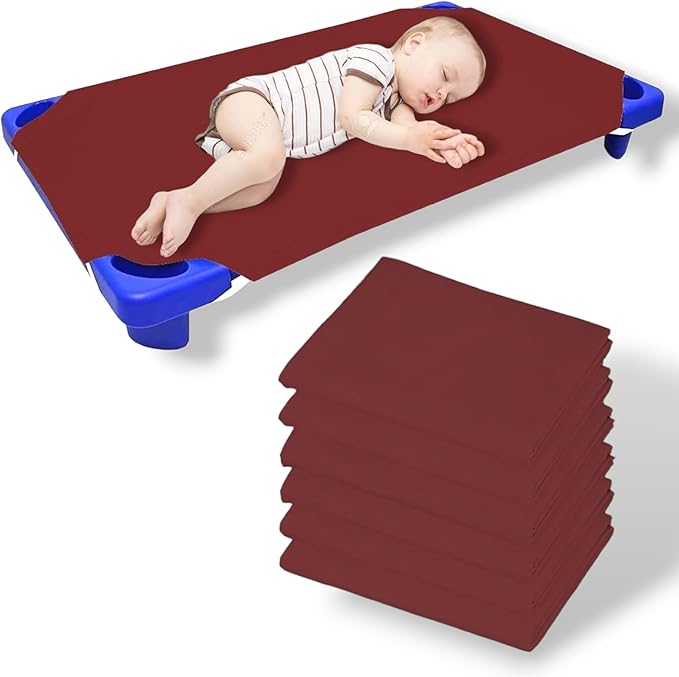 Pack of 6 Cot Sheet for Daycare Preschool Cot Bed -Polyblend Fabric with Corner Elastic Cots Sheets Fits On 22" X 40" Inches Size Toddler and Preschool Daycare Cot Burgundy 22 X 40 Size