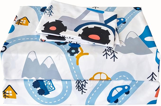 RYNGHIPY Kids Twin Bed Sheets: Cars Print Sheets Set for Boys - Breathable Wrinkle Free Microfiber Flat Sheet Fitted Sheet and Pillowcase (White,Twin)