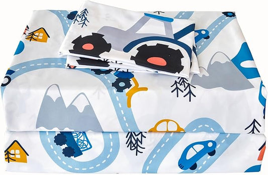 RYNGHIPY Kids Twin Bed Sheets: Cars Print Sheets Set for Boys - Breathable Wrinkle Free Microfiber Flat Sheet Fitted Sheet and Pillowcase (White,Twin)