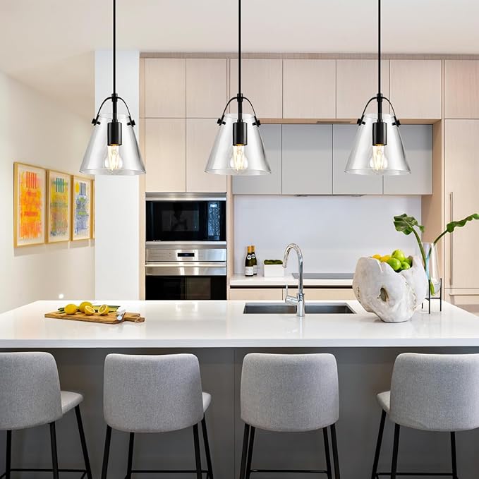 Black Pendant Lights Kitchen Island,Modern Design Clean Clear Farmhouse Glass Pendant Light,Light Fixture Kitchen Pendant Medium Hanging Light Fixture for Sink A60 Bulb Recommened