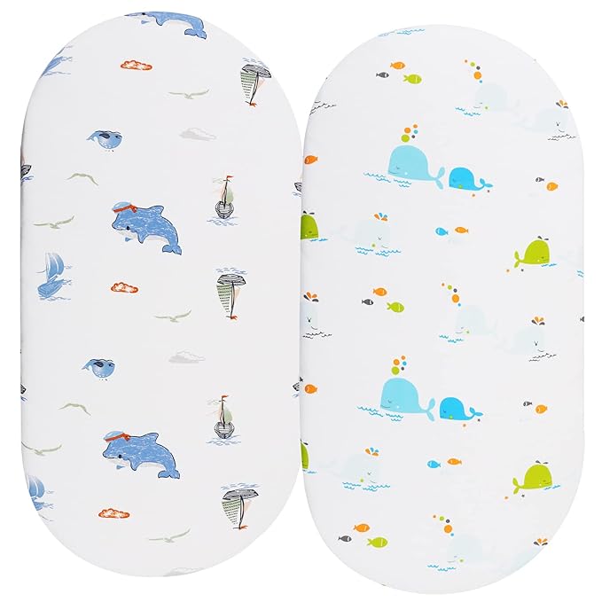 Bassinet Sheets Compatible with SNOO Smart Sleeper, Dream On Me Lacy Portable and Safety 1st Sleeper Bassinet, 2 Pack, 100% Jersey Knit Cotton 190GSM, Ultra Soft Breathable, Dolphin and Whale