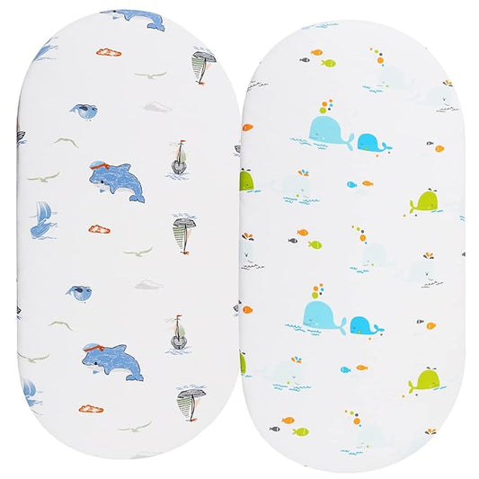 Bassinet Sheets Compatible with Halo Bassinest Swivel, Flex, Glide, Premiere & Luxe Series Sleeper Mattress, 2 Pack, 100% Jersey Knit Cotton 190GSM, Ultra Soft Breathable, Dolphin and Whale