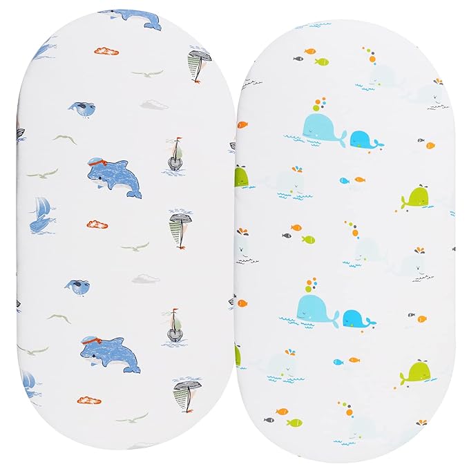 Bassinet Sheets Compatible with UPPAbaby Bassinet, 2 Pack Fitted Sheets, 100% Jersey Knit Cotton 190GSM, Ultra Soft Breathable, Dolphin and Whale