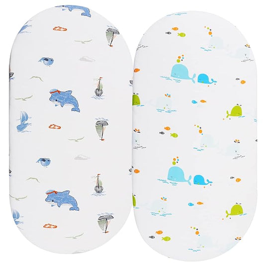 Bassinet Sheets Compatible with 4moms Mamaroo Sleep Bassinet, 2 Pack Fitted Sheets, 100% Jersey Knit Cotton 190GSM, Ultra Soft Breathable, Dolphin and Whale