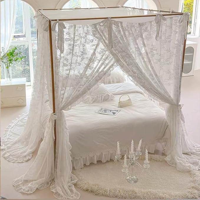 Elegant Lace Princess 4 Corner Post Mosquito Net Romantic for Girls Women Bed Curtain Canopy for Adult Wedding Bedroom Kids Rooms Decoration (Type3-Beige-White, Queen)