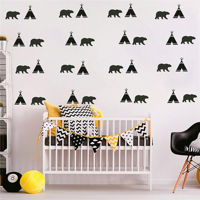 DIY 52 Pieces/Pack Tribal Tent and Bear Wall Decor Sticker for Kids Room Nursery Bedroom Baby Decoration Vinyl Wall Decal Mural AFN109 (Black)