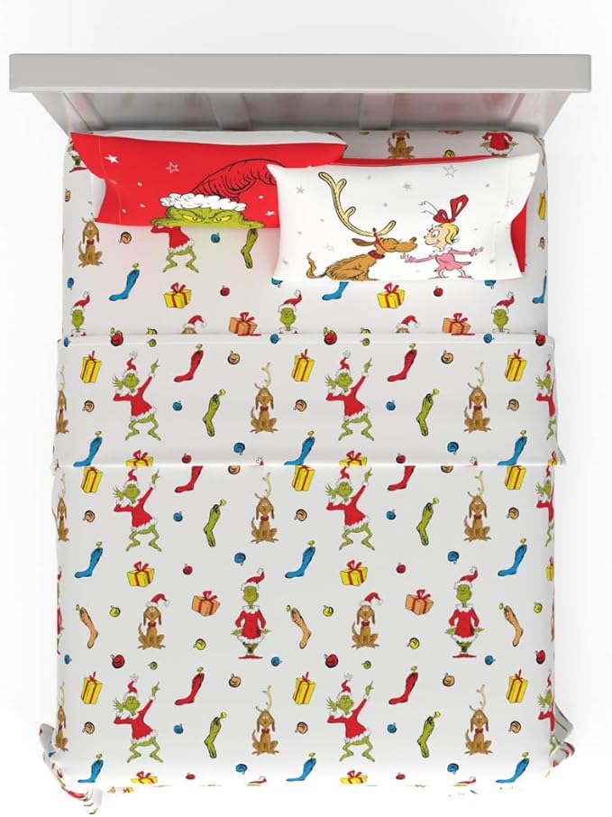 Franco Collectibles Dr. Seuss The Grinch Holiday & Christmas Bedding Super Soft Microfiber 4 Piece Queen Sheet Set, (Officially Licensed Product)