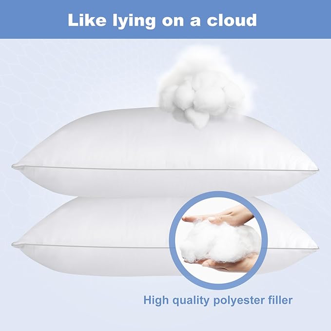 Bed Pillows for Sleeping Standard Size Set of 2 Pack Cooling Pillow Set of 2 for Side Back and Stomach Sleepers Down Alternative Filling Luxury Soft and Skin-Friendly