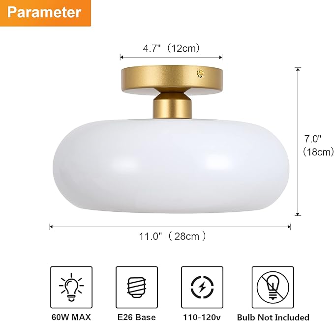 Mid-Century Modern Gold Semi Flush Mount Ceiling Light, Kitchen Ceiling Light Fixture with Glass Shade, Vintage White Close to Ceiling Lamp for Entryway Hallway Bathroom (11.0 Inch)