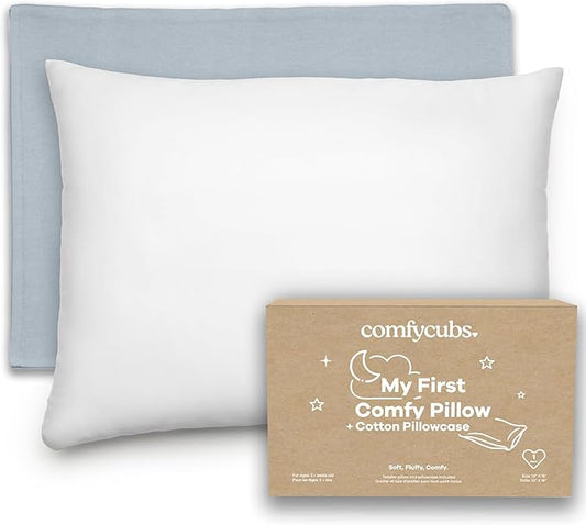 Comfy Cubs Toddler Pillow with Soft Cotton Pillowcase, 13"x18", Pacific Blue - Kids Pillow for Sleeping & Travel - Comfortable Small Pillow - Kids Travel Pillow with Breathable Microfiber Fill