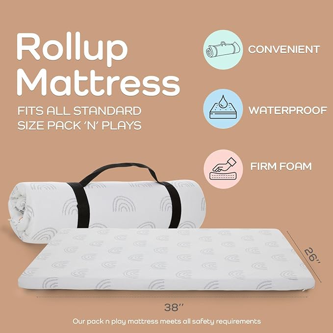 Waterproof Pack and Play Mattress Topper - 38" x 26" | Roll Up Style - Breathable Soft Memory Foam - Portable Playard Mattress Topper- Baby Foam Playpen Mattresses for Babies - Boho Design