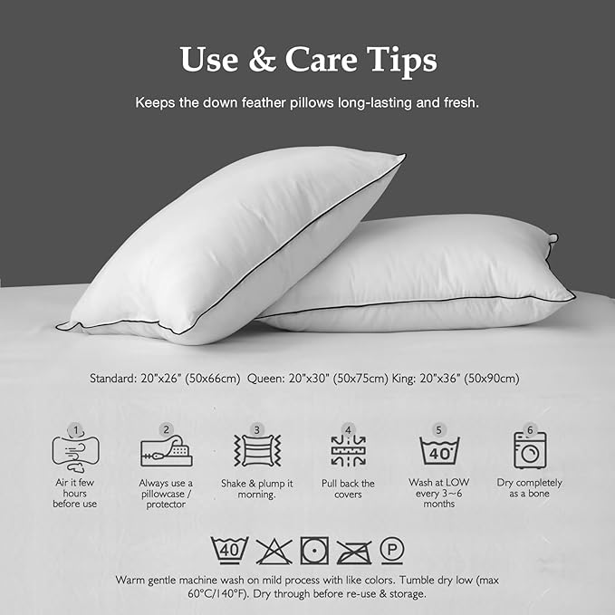 DWR Luxury Goose Feather Down Core Pillows Surrounded by Polyester - Set of 2 - Standard Size(20"x26") - Medium Firm - 100% Organic Cotton Cover