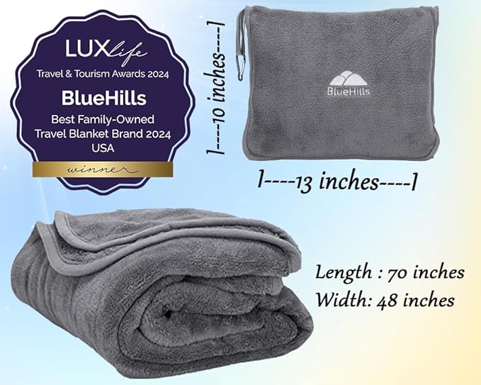 BlueHills Premium Soft Long Travel Blanket Pillow for Tall Airplane Flight Blanket Throw in Soft Bag case with Hand Luggage Belt & Backpack Clip Compact Pack Large Blanket Grey Gray T052