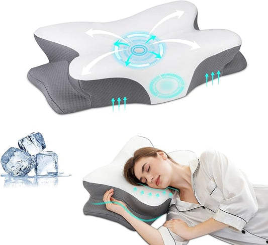 Memory Foam Pillows, Ergonomic Pillow for Neck Pain Relief, Bed Pillow for Sleeping, Cervical Neck Pillow for Side, Back, Stomach Sleeper with Cool Pillowcase, Side Sleeper Pillows for Adults