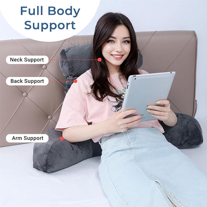 COOLBEBE Reading Pillow for Bed Backrest Pillow for Bed Sitting Up Adult with Arms Grey Back Support Pillow with Headrest & Pockets, Removable Washable Cover and Detachable Neck Roll(Standard 18")