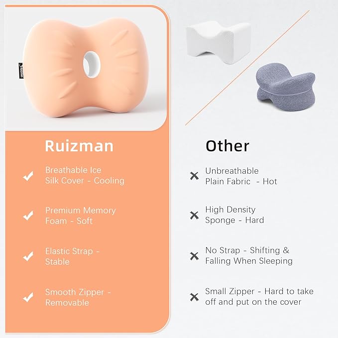 Knee Pillow for Side Sleepers - Memory Foam Leg Pillow for Side Sleeping - Comfortable Soft Side Sleeper Leg Positioner Pillows for Pregnancy, Hip Pain, Spine Alignment (Peachpuff)