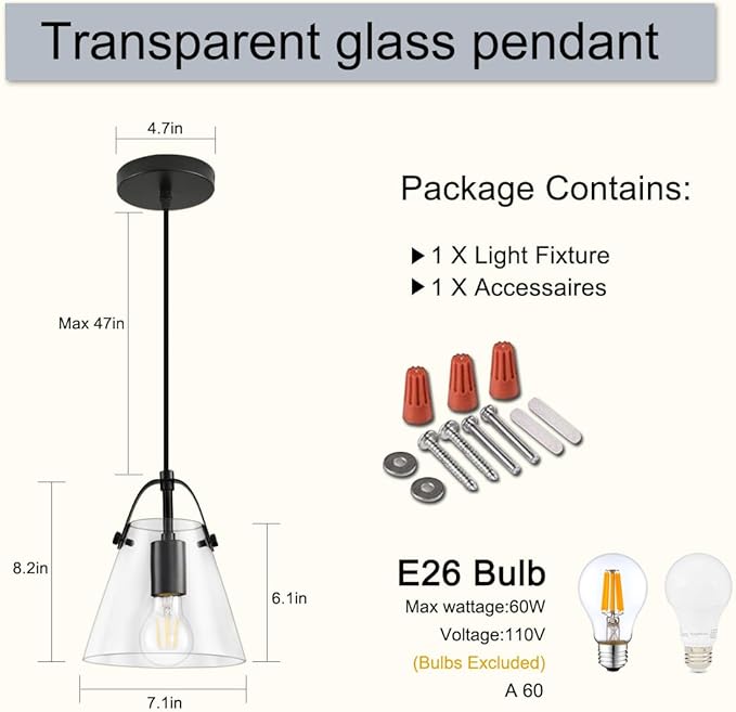 Black Pendant Lights Kitchen Island,Modern Design Clean Clear Farmhouse Glass Pendant Light,Light Fixture Kitchen Pendant Medium Hanging Light Fixture for Sink A60 Bulb Recommened