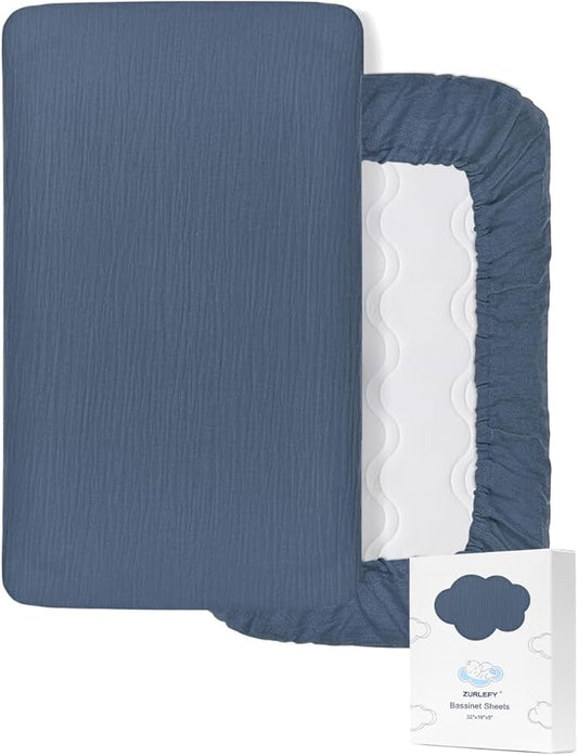 Dusty Blue Muslin Bassinet Sheets Boy, Cotton Bassinet Mattress Sheet 32"x16" for Rectangle, Oval, Hourglass Bassinet Mattress, Moses Basket Sheets (46B-09)