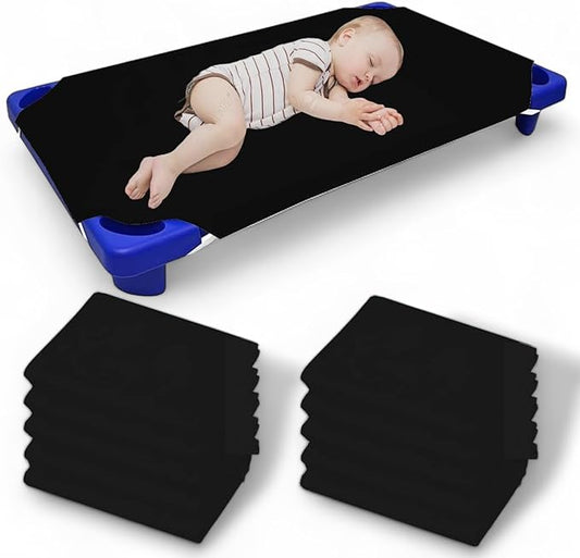 Pack of 12 Cot Sheet for Daycare Preschool Cot Bed -Polyblend Fabric with Corner Elastic Cots Sheets Fits On 22" X 52" Inches Size Toddler and Preschool Daycare Cot Black 22 X 52 Size
