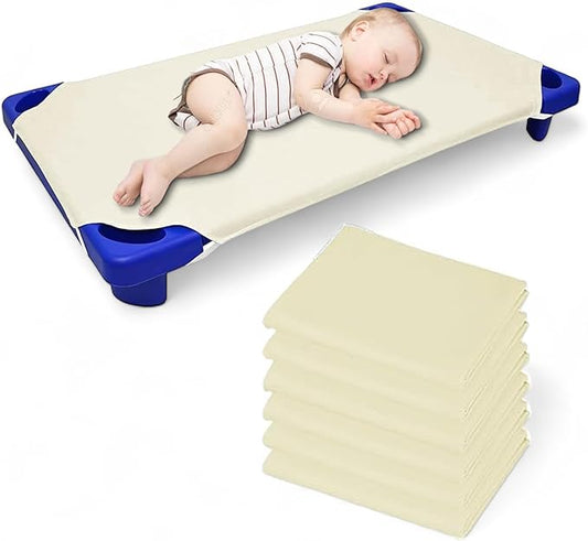 Pack of 6 Cot Sheet for Daycare Preschool Cot Bed -Polyblend Fabric with Corner Elastic Cots Sheets Fits On 22" X 52" Inches Size Toddler and Preschool Daycare Cot Ivory 22 X 52 Size
