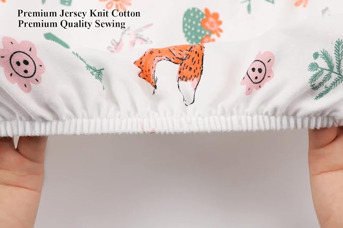 Bassinet Sheets (33" x 19") Compatible with Mika Micky, Baby Delight, Dream On Me, Amke and Other Rectangle Mattress, 2 Pack Fitted Sheets, 100% Jersey Knit Cotton 190GSM, Fox Rabbit and Rainbow