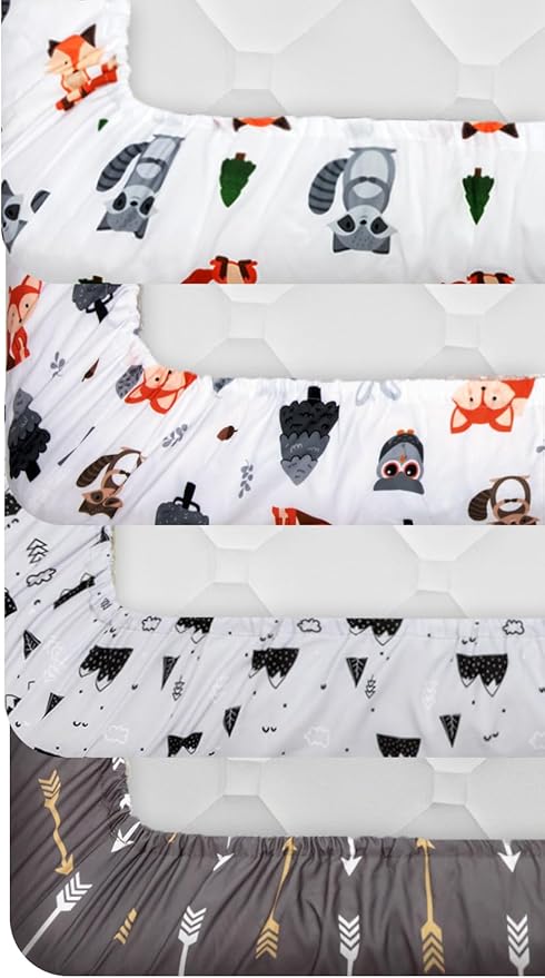 4 Pack Woodland Forest Animals Wood Neutral Unisex Fitted Baby Crib Sheets Set for Baby Boys or Girls Fox