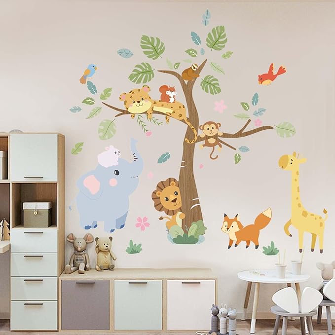 Forest Animals Baby Wall Stickers - Elephant Giraffe Lion Monkey Sloth Tocan Wall Decals - Baby Nursery Kids Room Daycare Playroom Classroom Wall Decor