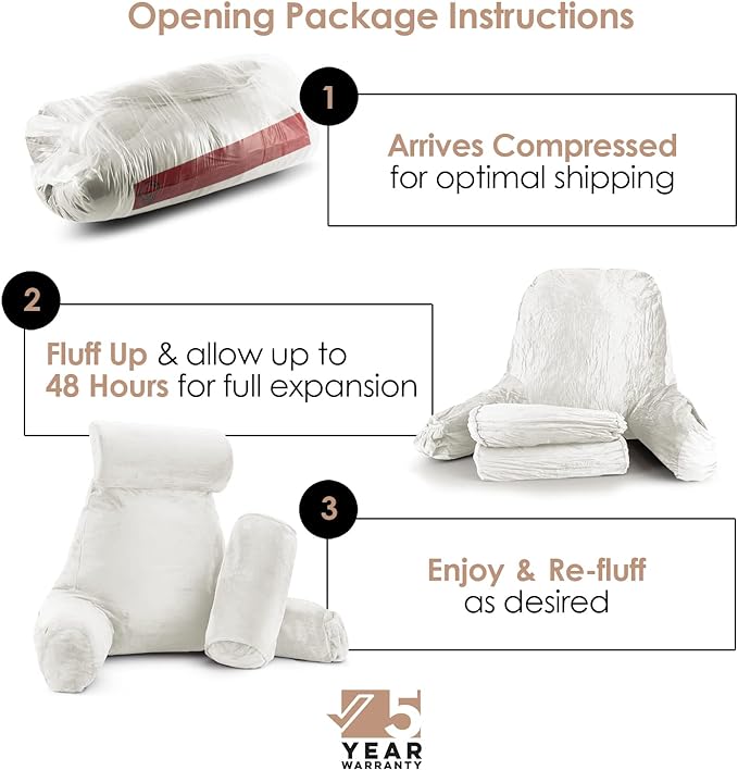 Nestl Reading Pillow Large Bed Pillow, Back Pillow for Sitting in Bed Shredded Memory Foam Chair Pillow, Reading & Bed Rest Pillows White Back Pillow for Bed, Bed Chair Arm Pillow with Pockets