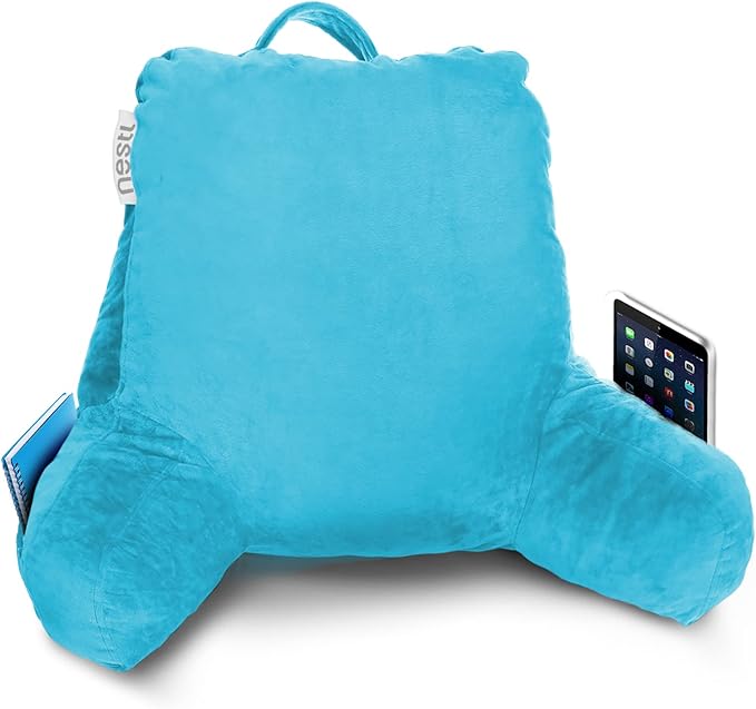Nestl Reading Pillow Standard Bed Pillow, Back Pillow for Sitting in Bed Shredded Memory Foam Chair Pillow Reading & Bed Rest Pillows Bright Blue Back Pillow for Bed, Bed Chair Arm Pillow with Pockets