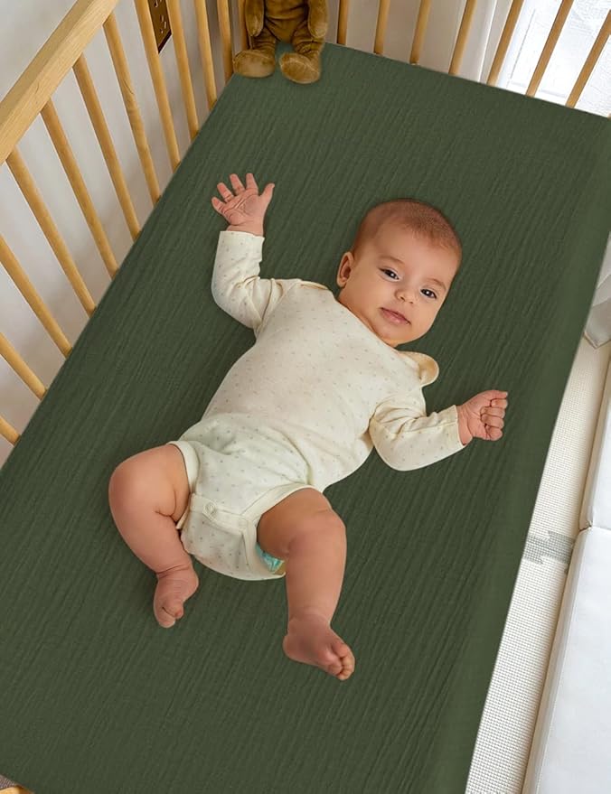 Olive Green Pack and Play Mattress Pad Sheets, Neutral Muslin Cotton Small Pack n Play Mattress Pad Cover, 39"x27" Soft and Breathable Baby Sheets for Pack and Play (46P-10)