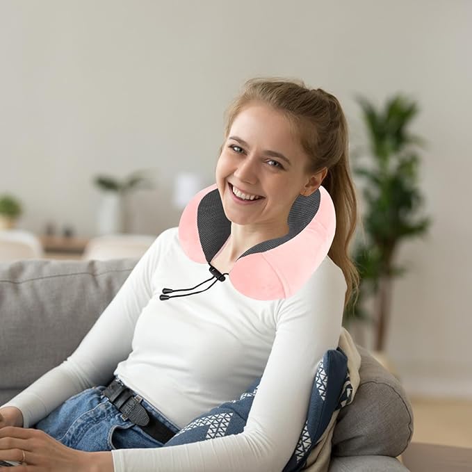 Pure Memory Foam Travel Pillow Set for Adults - Comfortable & Breathable Removable Cover, Airplane Travel Kit with Eye Mask & Portable Storage Bags for Plane Accessories - Pink