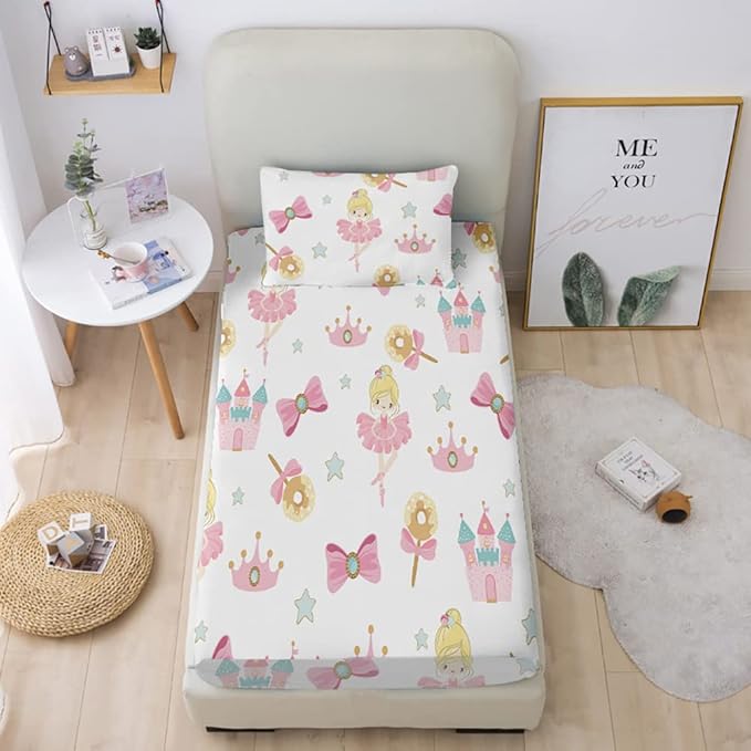 Dancing Princess Fitted Sheet Set Twin for Kids Girls Teens Crown Castle Pattern Bed Sheet 2 Piece 3D Print Pink Dreaming Style Sheet Set