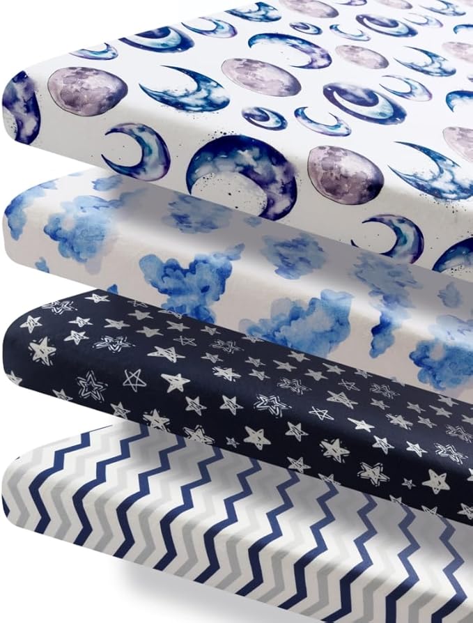 4 Pack Fitted Pack N Play Sheets for Baby Boys Neutral Unisex Breathable Soft Toddler Mini Crib Sheets for Pack and Play Mattress (Sky)