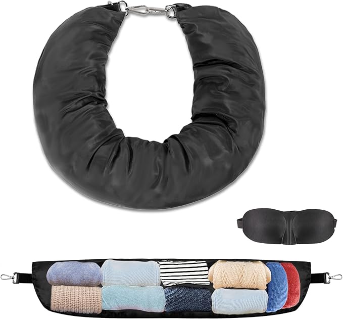 Travel Pillow You Stuff with Clothes, Stuffable Travel Pillow Transforms Into Extra Luggage Without Excess Fees, Stuffable Neck Pillow No Filler Fits 3+ Days of Travel Essentials Black