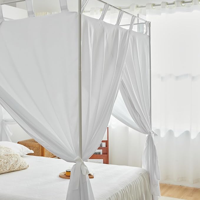 AIKASY White Canopy Bed Curtains with Top Ties and Tie Backs for Bedroom Decoration - King Size Bed Curtains with Windproof and Lightproof Features