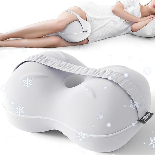 Cooling Leg Pillow for Side Sleeping - Pregnancy Knee Pillow with Strap - Memory Foam Knee Pillow for Side Sleepers Hip Pain Relief & Spine Alignment (Light Grey)
