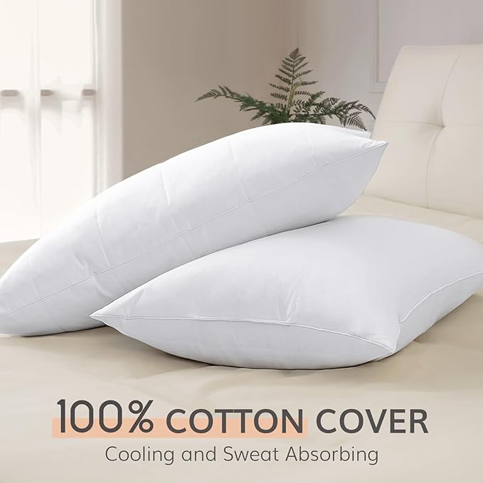SAVORI Goose Down Feather Pillows with 100% Cotton Cover, Soft Hotel Bed Pillow for Sleeping, Cooling Pillow for Back, Stomach or Side Sleepers, Queen Size-White 20x30 Inch