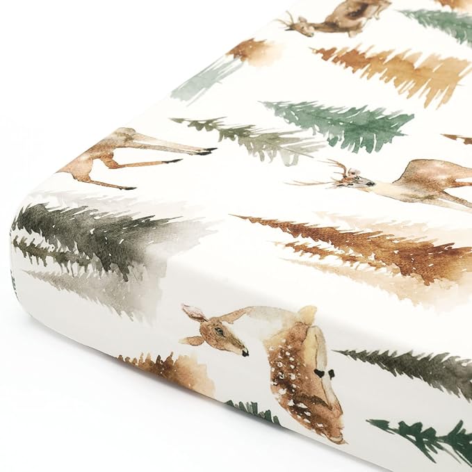 Stretchy Ultra Soft Jersey Knit Fitted Pack n Play Sheets Set 2 Pack, Portable/Mini Crib Sheets with Deep Pocket, Fitted Playard Mattress Safe and Snug, Stylish Watercolor Deer and Leaves