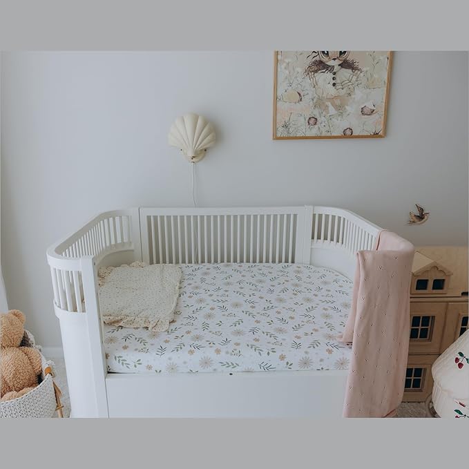 Mini Crib Fitted Sheet, 100% Cotton Knitted Jersey, Pack n Play Sheet, Breathable, Fitted Crib Sheets, Super Soft, Toddler Fitted Sheet,2 Pack,Green/Flowers, 38x24x6